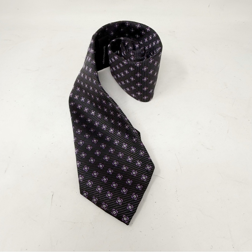 ERMENEGILDO ZEGNA Men’s Charcoal Gray Purple Geometric Weave Tie Made In Italy